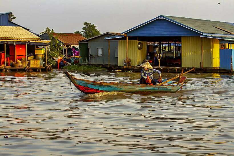 Siem Reap Floating Village Kampong Phluk Sunset with Boat - The covered river boat through Kampong Phluk